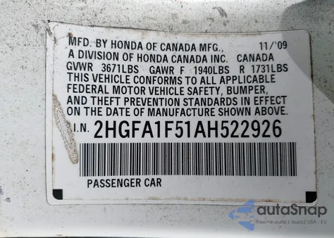 2010 Honda Civic Lx from USA, damaged, VIN 2HGFA1F51AH522926